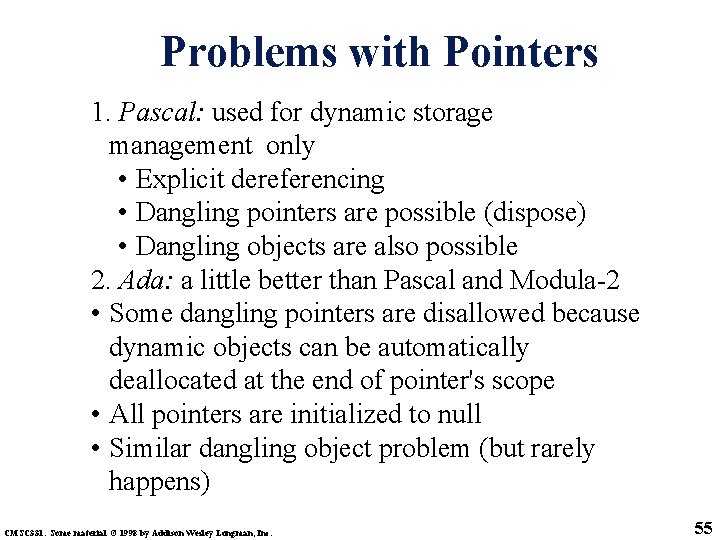 Problems with Pointers 1. Pascal: used for dynamic storage management only • Explicit dereferencing