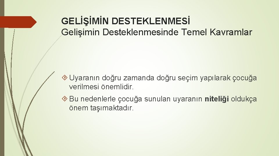 GELİŞİMİN DESTEKLENMESİ Gelişimin Desteklenmesinde Temel Kavramlar Uyaranın doğru zamanda doğru seçim yapılarak çocuğa verilmesi