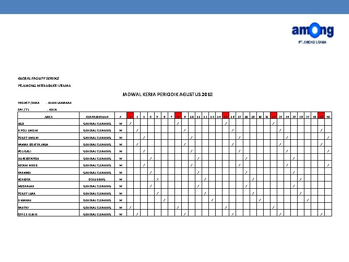 GLOBAL FACILITY SERVICE PT. AMONG MITRABAKTI UTAMA JADWAL KERJA PERIODIK AGUSTUS 2018 PROJECT /AREA