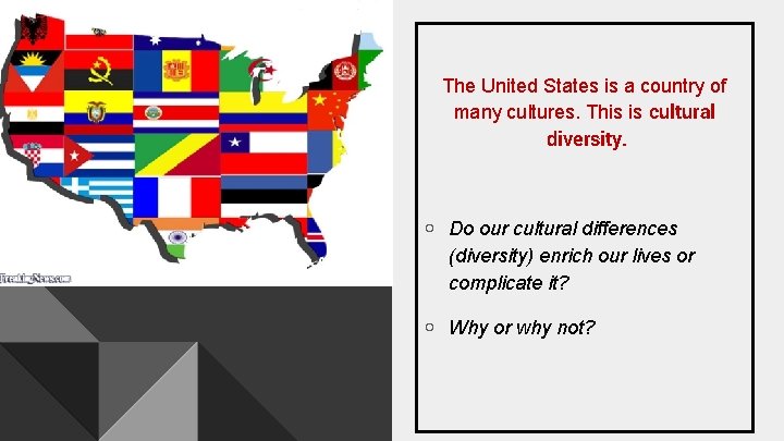 The United States is a country of many cultures. This is cultural diversity. ￮