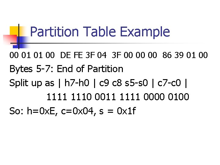 Partition Table Example 00 01 01 00 DE FE 3 F 04 3 F