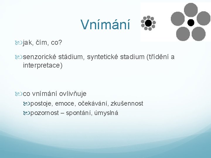 Vnímání jak, čím, co? senzorické stádium, syntetické stadium (třídění a interpretace) co vnímání ovlivňuje