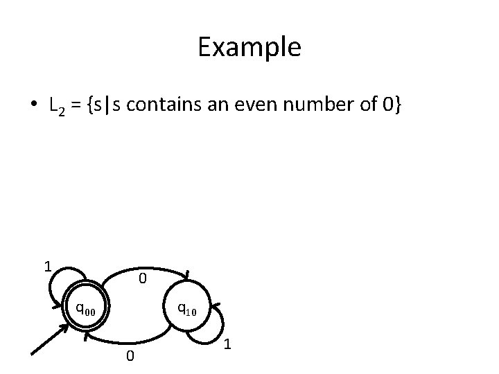 Example • L 2 = {s|s contains an even number of 0} 1 0