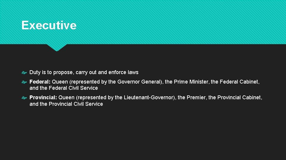 Executive Duty is to propose, carry out and enforce laws Federal: Queen (represented by