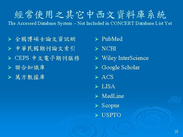 經常使用之其它中西文資料庫系統 The Accessed Database System – Not Included in CONCERT Database List Yet Ø