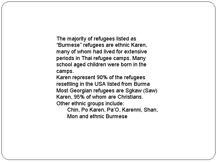 The majority of refugees listed as “Burmese” refugees are ethnic Karen, many of whom