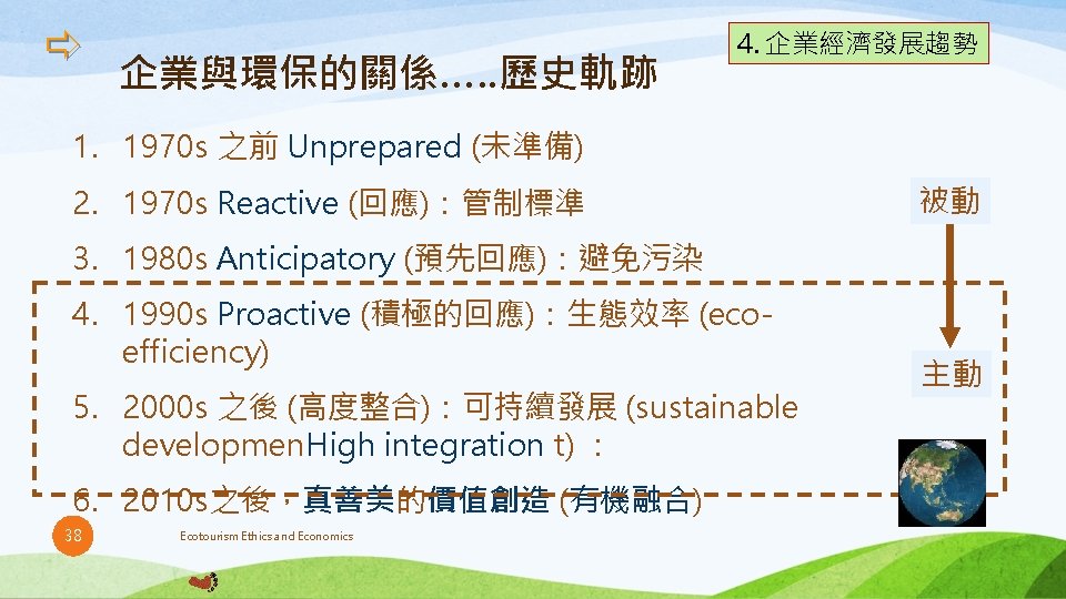 企業與環保的關係…. . 歷史軌跡 4. 企業經濟發展趨勢 1. 1970 s 之前 Unprepared (未準備) 2. 1970 企業與環保的關係…. . 歷史軌跡 4. 企業經濟發展趨勢 1. 1970 s 之前 Unprepared (未準備) 2. 1970