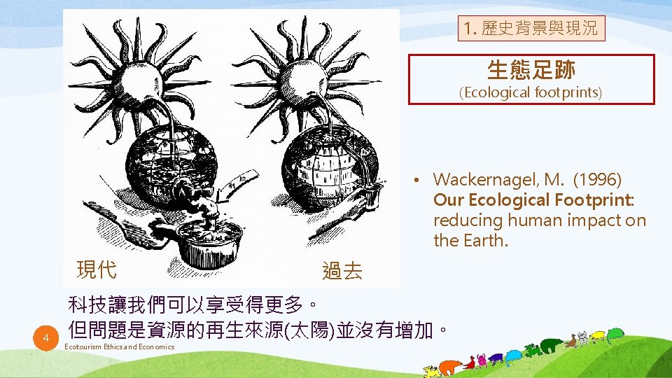 1. 歷史背景與現況 生態足跡 (Ecological footprints) • Wackernagel, M. (1996) Our Ecological Footprint: reducing human