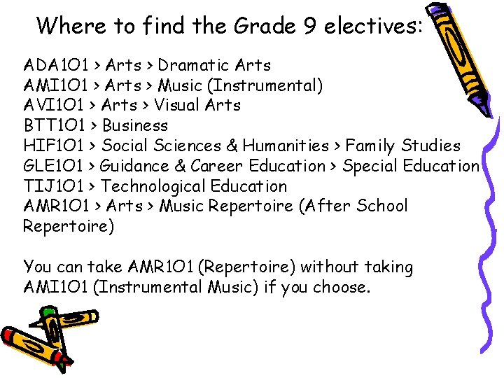 Where to find the Grade 9 electives: ADA 1 O 1 > Arts >