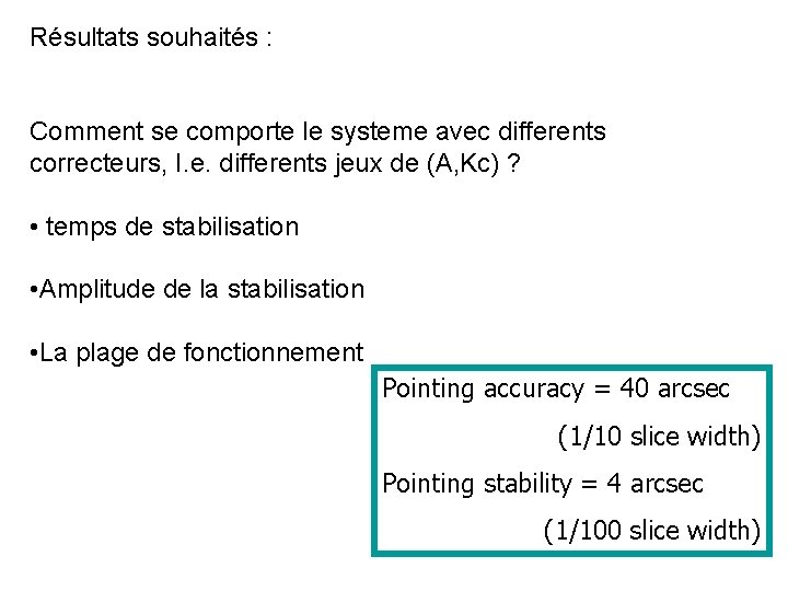 Résultats souhaités : Comment se comporte le systeme avec differents correcteurs, I. e. differents