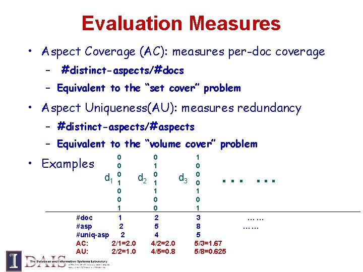 Evaluation Measures • Aspect Coverage (AC): measures per-doc coverage – #distinct-aspects/#docs – Equivalent to