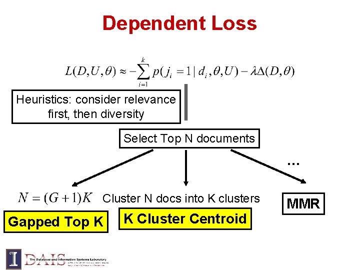 Dependent Loss Heuristics: consider relevance first, then diversity Select Top N documents … Cluster