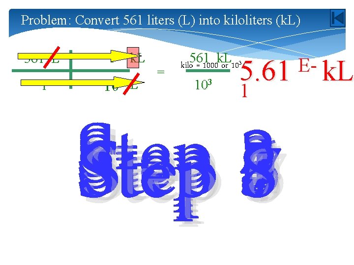 Problem: Convert 561 liters (L) into kiloliters (k. L) 561 L 1 k. L