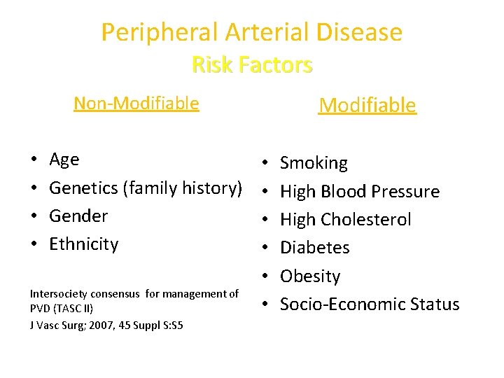 Peripheral Arterial Disease Risk Factors Modifiable Non-Modifiable • • Age Genetics (family history) Gender