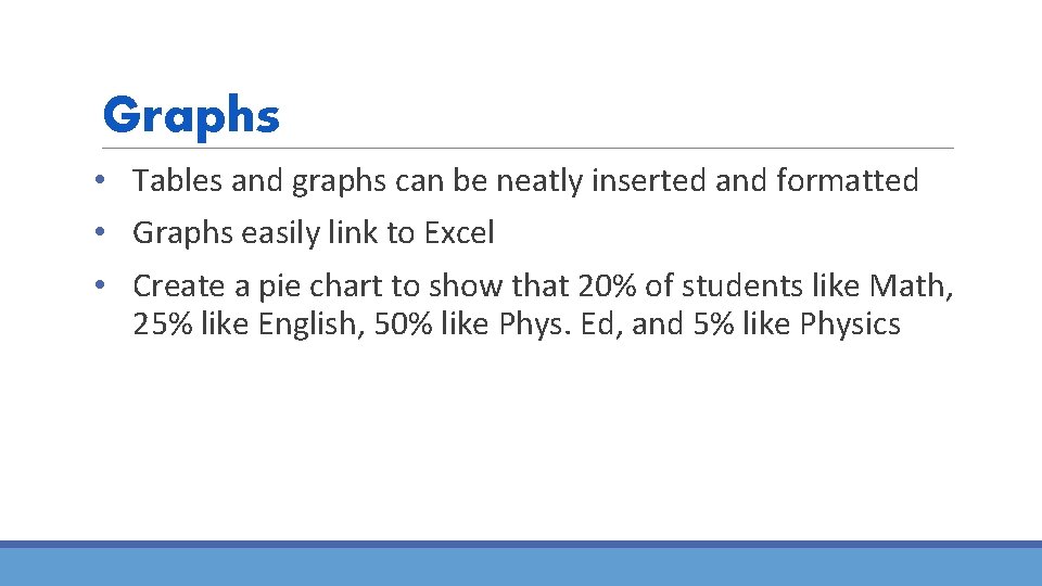 Graphs • Tables and graphs can be neatly inserted and formatted • Graphs easily