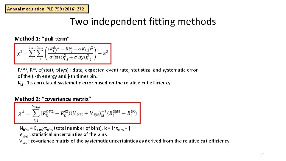 Annual modulation, PLB 759 (2016) 272 Two independent fitting methods Method 1: “pull term”