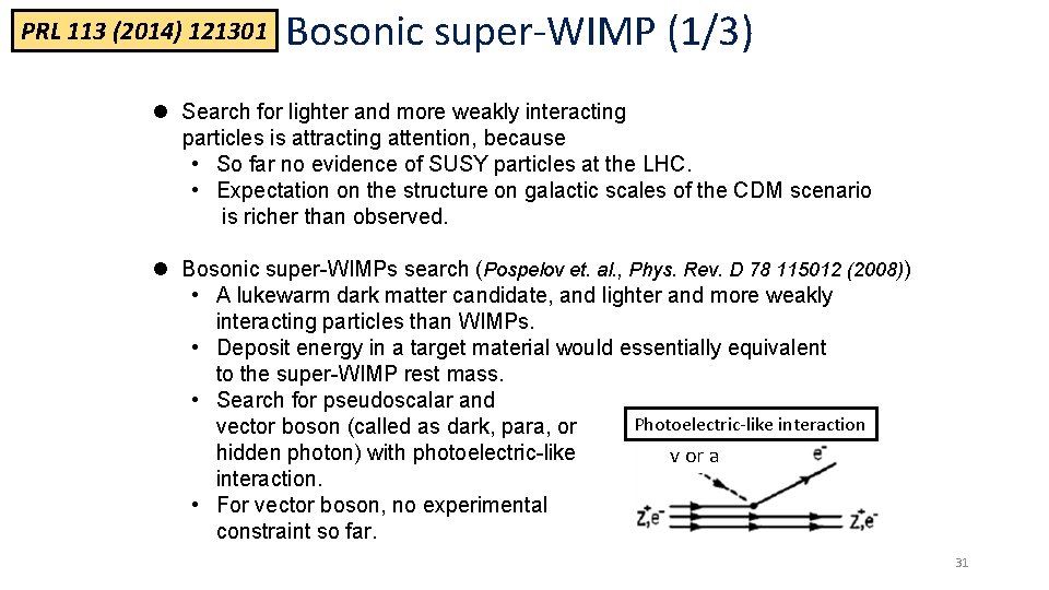 PRL 113 (2014) 121301 Bosonic super-WIMP (1/3) l Search for lighter and more weakly