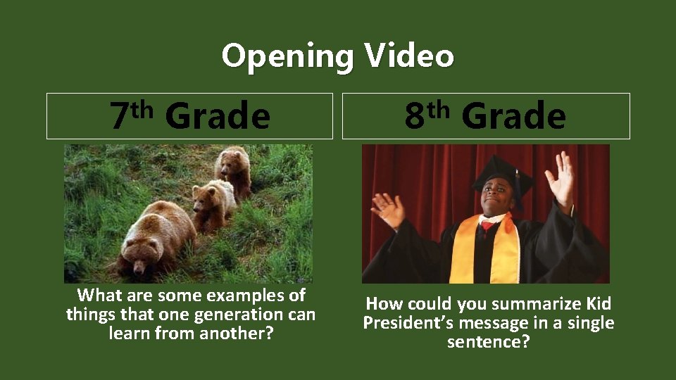 Opening Video th 7 Grade What are some examples of things that one generation