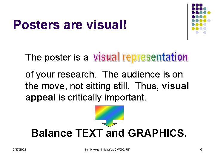 Posters are visual! The poster is a of your research. The audience is on