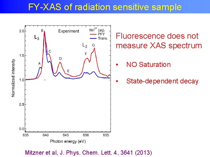 FY-XAS of radiation sensitive sample Fluorescence does not measure XAS spectrum • NO Saturation