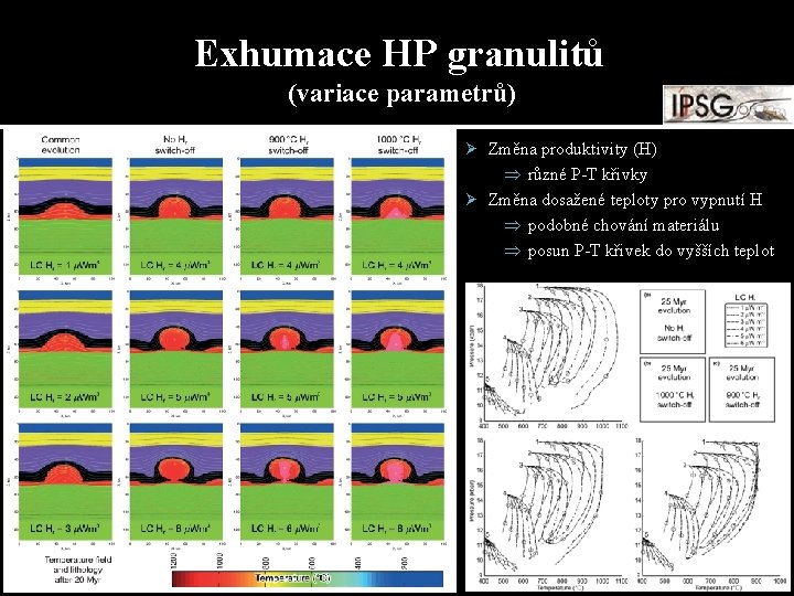 Exhumace HP granulitů (variace parametrů) Ø Změna produktivity (H) Þ různé P-T křivky Ø