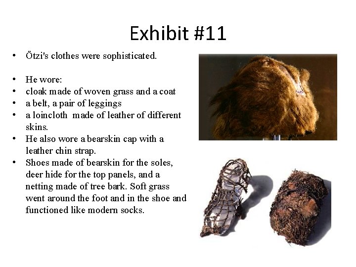 Exhibit #11 • Ötzi's clothes were sophisticated. • • He wore: cloak made of