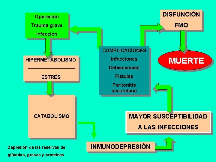 Operación DISFUNCIÓN Trauma grave FMO Infección COMPLICACIONES HIPERMETABOLISMO Infecciones Dehiscencias ESTRÉS MUERTE Fístulas Peritonitis