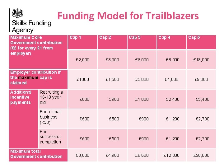 Funding Model for Trailblazers Maximum Core Government contribution (£ 2 for every £ 1