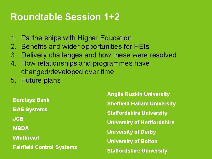 Roundtable Session 1+2 1. 2. 3. 4. Partnerships with Higher Education Benefits and wider