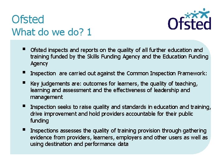 Ofsted What do we do? 1 § Ofsted inspects and reports on the quality