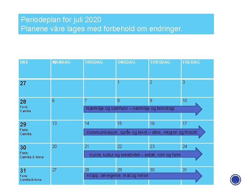 Periodeplan for juli 2020 Planene våre lages med forbehold om endringer. UKE MANDAG TIRSDAG