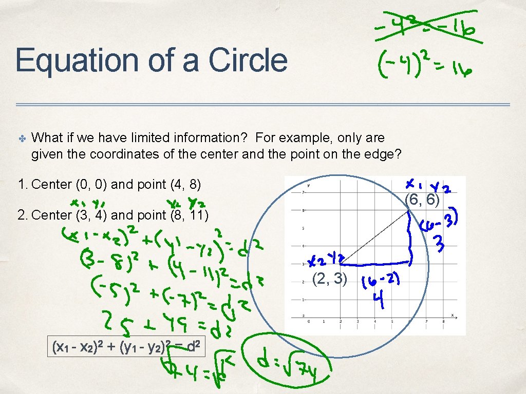 Equation of a Circle ✤ What if we have limited information? For example, only