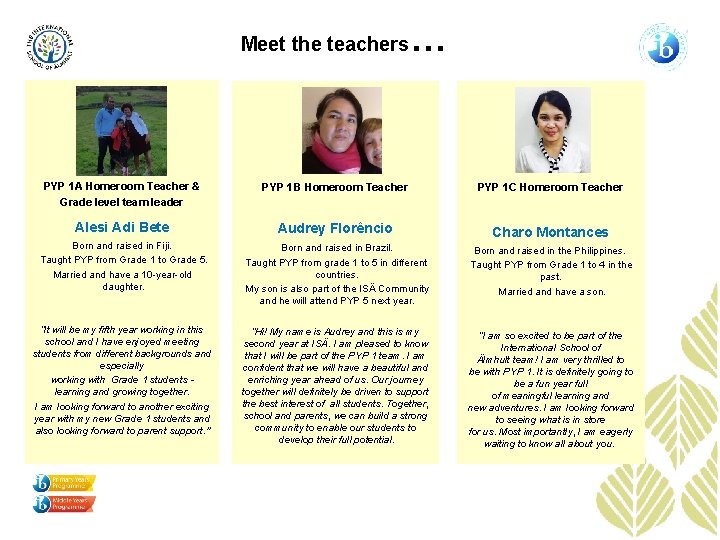 Meet the teachers … PYP 1 A Homeroom Teacher & Grade level team leader