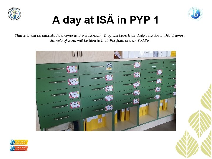 A day at ISÄ in PYP 1 Students will be allocated a drawer in