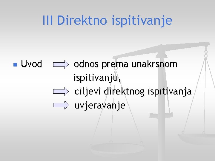 III Direktno ispitivanje n Uvod odnos prema unakrsnom ispitivanju, ciljevi direktnog ispitivanja uvjeravanje 