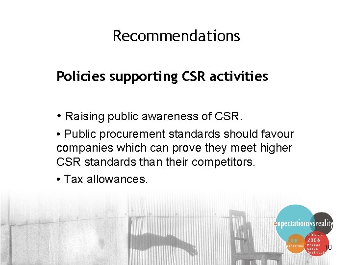 Recommendations Policies supporting CSR activities • Raising public awareness of CSR. • Public procurement