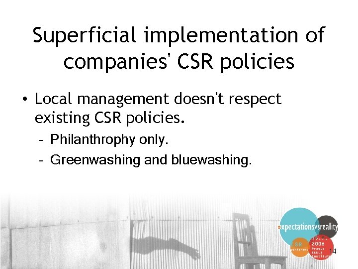 Superficial implementation of companies' CSR policies • Local management doesn't respect existing CSR policies.