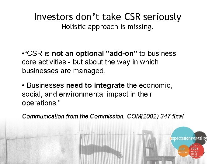 Investors don’t take CSR seriously Holistic approach is missing. • “CSR is not an