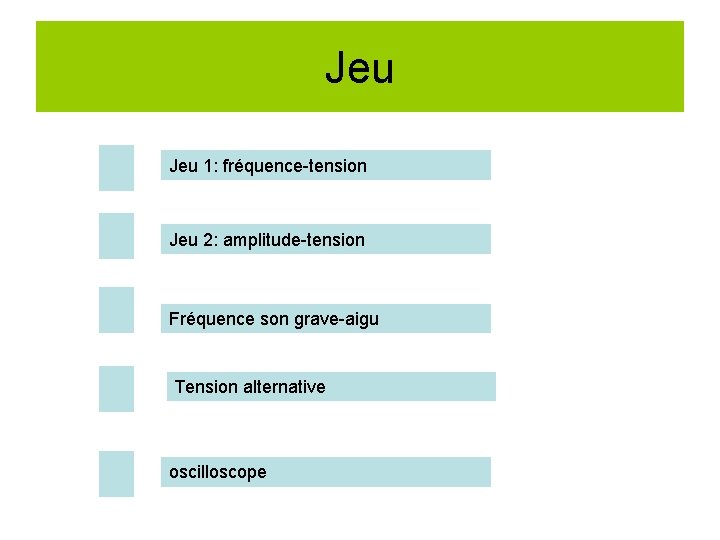 Jeu 1: fréquence-tension Jeu 2: amplitude-tension Fréquence son grave-aigu Tension alternative oscilloscope 