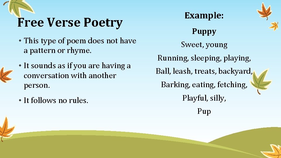 Free Verse Poetry • This type of poem does not have a pattern or