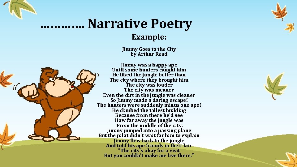 …………. Narrative Poetry Example: Jimmy Goes to the City by Arthur Read Jimmy was