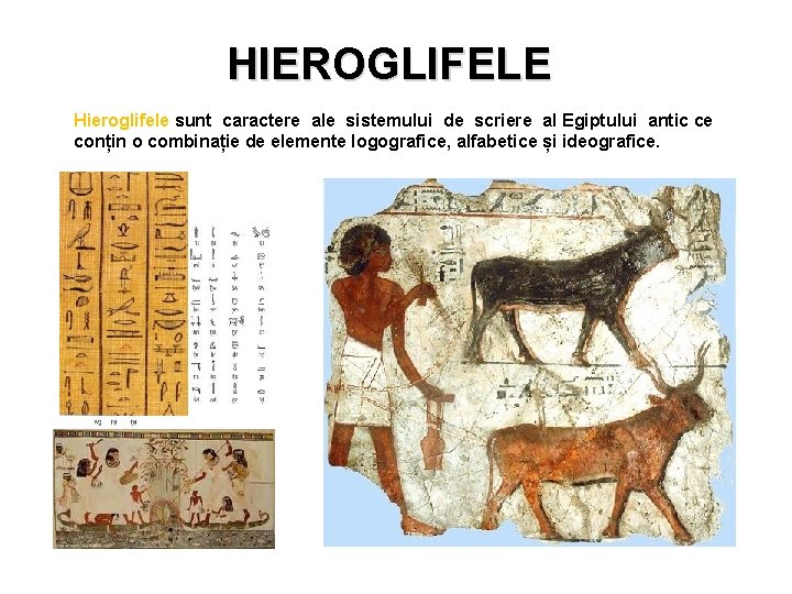 HIEROGLIFELE Hieroglifele sunt caractere ale sistemului de scriere al Egiptului antic ce conțin o