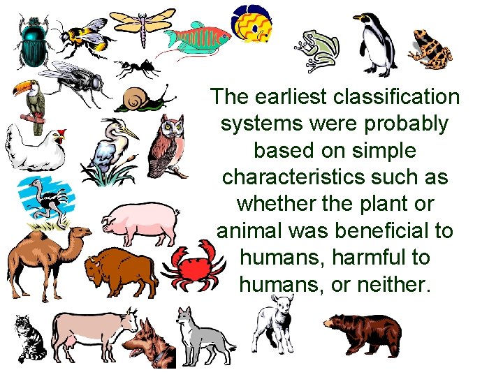 The earliest classification systems were probably based on simple characteristics such as whether the