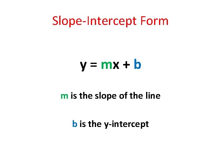 Slope-Intercept Form y = mx + b m is the slope of the line