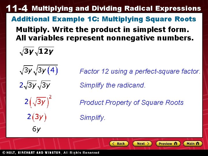 11 -4 Multiplying and Dividing Radical Expressions Additional Example 1 C: Multiplying Square Roots