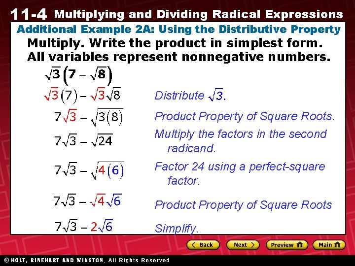 11 -4 Multiplying and Dividing Radical Expressions Additional Example 2 A: Using the Distributive