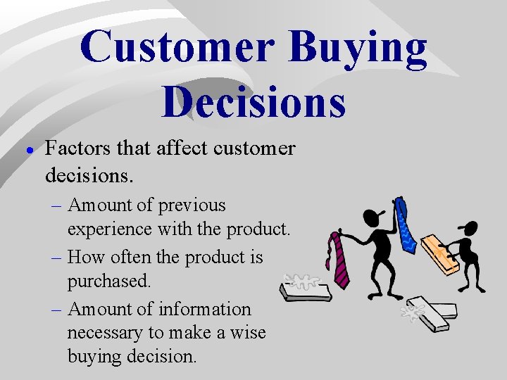 Customer Buying Decisions · Factors that affect customer decisions. – Amount of previous experience Customer Buying Decisions · Factors that affect customer decisions. – Amount of previous experience