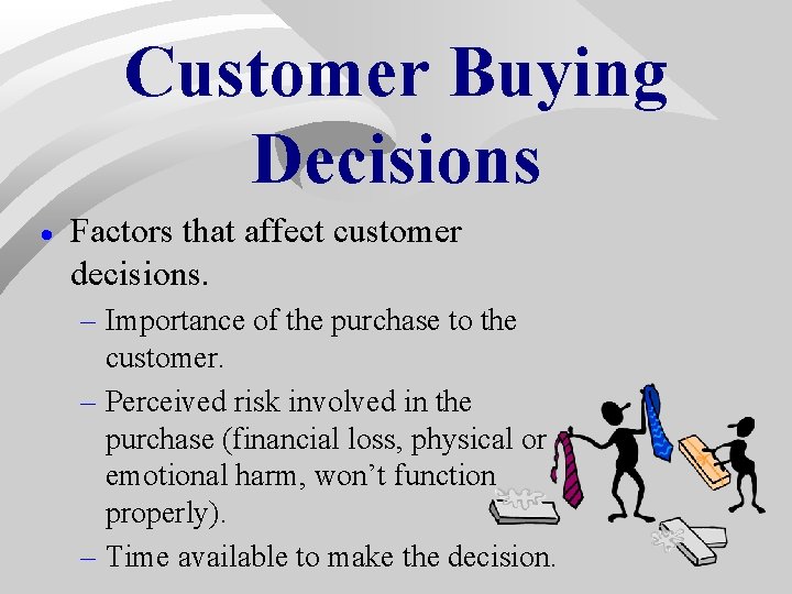 Customer Buying Decisions · Factors that affect customer decisions. – Importance of the purchase Customer Buying Decisions · Factors that affect customer decisions. – Importance of the purchase
