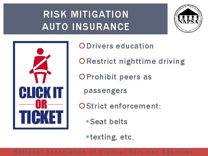 RISK MITIGATION AUTO INSURANCE Drivers education Restrict nighttime driving Prohibit peers as passengers Strict