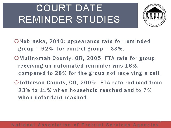 COURT DATE REMINDER STUDIES Nebraska, 2010: appearance rate for reminded group – 92%, for
